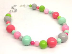 Pink & Green Chunky Statement Necklace, Big beaded jewelry, bib bubble Necklace, pink gray mint green jewelry, beaded pink green jewelry