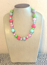 Load image into Gallery viewer, Pink &amp; Green Chunky Statement Necklace, Big beaded jewelry, bib bubble Necklace, pink gray mint green jewelry, beaded pink green jewelry