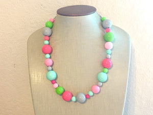 Pink & Green Chunky Statement Necklace, Big beaded jewelry, bib bubble Necklace, pink gray mint green jewelry, beaded pink green jewelry