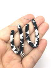 Load image into Gallery viewer, Black &amp; White Tortoise Shell Hoop earrings, oval circle earrings, tortoise shell jewelry, cow print, tortoise hoops thin skinny drop earring