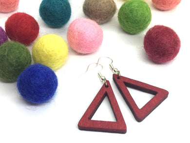 Wood Painted Geometric Earrings, Red Earrings, Mod Boho Earrings, boho jewelry, wood drop earrings, maroon triangle jewelry earrings