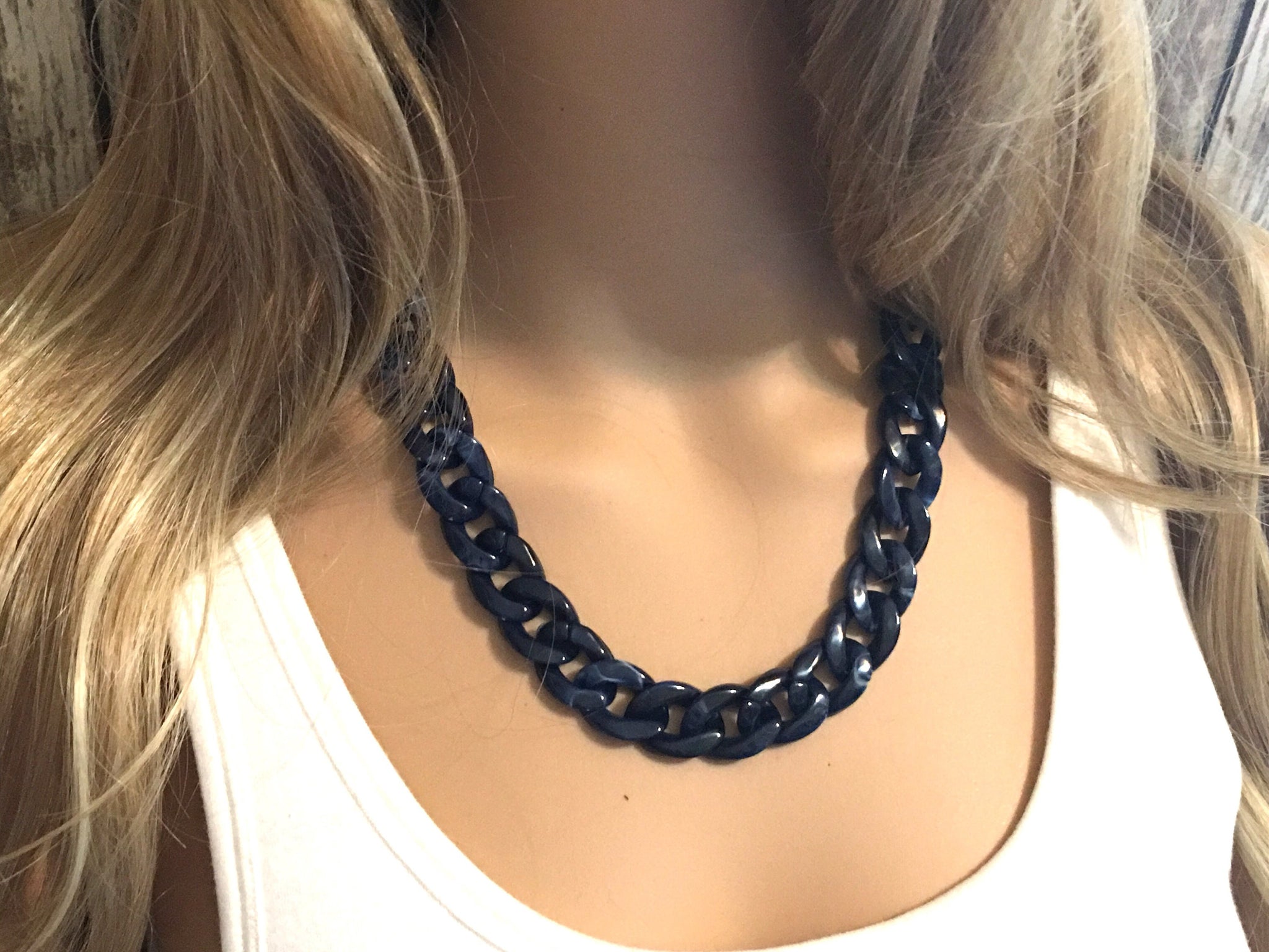Navy Blue White Plastic Bead Chunky Necklace, Ruffle … - Gem