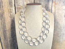 Load image into Gallery viewer, Clear Crystal Statement Necklace, Oval Beaded Everyday neutral jewelry, silver accents chunky bib necklace, clear resin lucite earrings