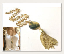 Load image into Gallery viewer, Abalone Shell Long Statement Tassel Necklace, gold necklace, gold tassel necklace, long tassel necklace, shell and crystal gold necklace