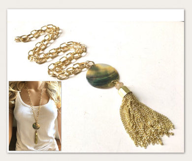 Abalone Shell Long Statement Tassel Necklace, gold necklace, gold tassel necklace, long tassel necklace, shell and crystal gold necklace