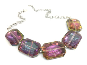 Rainbow Spectrum Glass Crystals Necklace - Chunky statement necklace silver chain, Large Faceted Crystals Bib Necklace, rainbow necklace