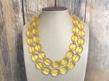 Load image into Gallery viewer, Pale Yellow Statement Necklace, Oval Beaded Everyday yellow jewelry, silver accents chunky bib necklace, clear resin lucite earrings yellow