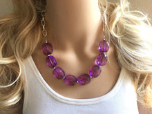 Load image into Gallery viewer, Purple Statement Necklace &amp; Earring set, purple jewelry, Your Choice of GOLD or SILVER, purple bib chunky necklace, purple earrings