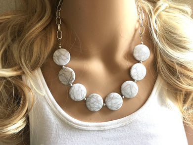 White & Silver Statement Necklace Earring set, white jewelry, Your Choice of GOLD or SILVER, white bib chunky necklace, white circle