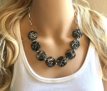 Load image into Gallery viewer, Black &amp; Silver Painted Statement Necklace Earrings, black jewelry, Your Choice GOLD or SILVER, black bib chunky necklace, black geometric