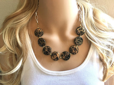 Black & Gold Painted Statement Necklace Earrings, black jewelry, Your Choice GOLD or SILVER, black bib chunky necklace, black geometric