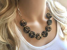 Load image into Gallery viewer, Black &amp; Gold Painted Statement Necklace Earrings, black jewelry, Your Choice GOLD or SILVER, black bib chunky necklace, black geometric