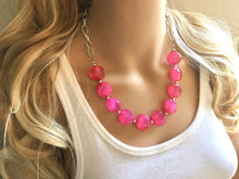 Load image into Gallery viewer, Hot pink Statement Necklace &amp; Earrings, hot pink jewelry, Your Choice GOLD or SILVER, pink bib chunky necklace, pink necklace