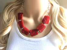 Load image into Gallery viewer, Creamy Red Statement Necklace &amp; Earrings, red jewelry, Your Choice GOLD or SILVER, red bib chunky necklace, deep scarlett red necklace