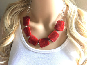 Creamy Red Statement Necklace & Earrings, red jewelry, Your Choice GOLD or SILVER, red bib chunky necklace, deep scarlett red necklace