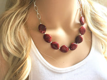 Load image into Gallery viewer, Creamy Red Statement Necklace &amp; Earrings, red jewelry, Your Choice GOLD or SILVER, red bib chunky necklace, deep scarlett red necklace