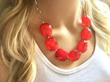 Load image into Gallery viewer, Cherry Red Statement Necklace &amp; Earrings, red jewelry, Your Choice GOLD or SILVER, red bib chunky necklace, bright red necklace resin lucite