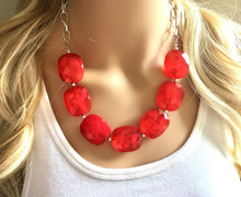 Load image into Gallery viewer, Cherry Red Statement Necklace &amp; Earrings, red jewelry, Your Choice GOLD or SILVER, red bib chunky necklace, bright red necklace resin lucite