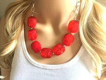 Load image into Gallery viewer, Cherry Red Statement Necklace &amp; Earrings, red jewelry, Your Choice GOLD or SILVER, red bib chunky necklace, bright red necklace resin lucite