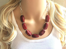 Load image into Gallery viewer, Creamy Red Statement Necklace &amp; Earrings, red jewelry, Your Choice GOLD or SILVER, red bib chunky necklace, deep scarlett red necklace