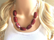 Load image into Gallery viewer, Creamy Red Statement Necklace &amp; Earrings, red jewelry, Your Choice GOLD or SILVER, red bib chunky necklace, deep scarlett red necklace