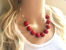 Load image into Gallery viewer, Maroon Cranberry Statement Necklace &amp; Earrings, red jewelry, Your Choice GOLD or SILVER, red bib chunky necklace, scarlett red necklace