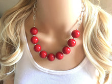 Load image into Gallery viewer, Maroon Cranberry Statement Necklace &amp; Earrings, red jewelry, Your Choice GOLD or SILVER, red bib chunky necklace, scarlett red necklace