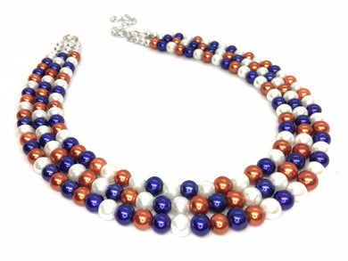 Orange and Blue Pearl three strand Necklace, Gameday virginia detroit chicago denver Football Baseball Florida Illinois pearl Jewelry