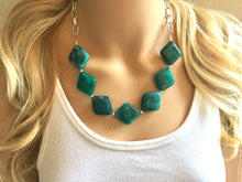 Load image into Gallery viewer, Emerald green Statement Necklace &amp; Earrings, emerald green jewelry, Your Choice GOLD or SILVER, dark deep green bib chunky necklace forest