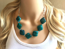 Load image into Gallery viewer, Emerald green Statement Necklace &amp; Earrings, emerald green jewelry, Your Choice GOLD or SILVER, dark deep green bib chunky necklace forest