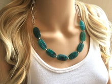 Load image into Gallery viewer, Emerald green Statement Necklace &amp; Earrings, emerald green jewelry, Your Choice GOLD or SILVER, dark deep green bib chunky necklace forest