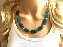 Load image into Gallery viewer, Emerald green Statement Necklace &amp; Earrings, emerald green jewelry, Your Choice GOLD or SILVER, dark deep green bib chunky necklace forest