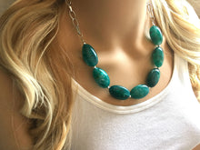 Load image into Gallery viewer, Emerald green Statement Necklace &amp; Earrings, emerald green jewelry, Your Choice GOLD or SILVER, dark deep green bib chunky necklace forest