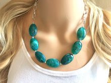 Load image into Gallery viewer, Emerald green Statement Necklace &amp; Earrings, emerald green jewelry, Your Choice GOLD or SILVER, dark deep green bib chunky necklace forest