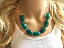 Load image into Gallery viewer, Emerald green Statement Necklace &amp; Earrings, emerald green jewelry, Your Choice GOLD or SILVER, dark deep green bib chunky necklace forest