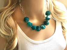 Load image into Gallery viewer, Emerald green Statement Necklace &amp; Earrings, emerald green jewelry, Your Choice GOLD or SILVER, dark deep green bib chunky necklace forest