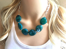 Load image into Gallery viewer, Emerald green Statement Necklace &amp; Earrings, emerald green jewelry, Your Choice GOLD or SILVER, dark deep green bib chunky necklace forest