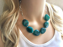 Load image into Gallery viewer, Emerald green Statement Necklace &amp; Earrings, emerald green jewelry, Your Choice GOLD or SILVER, dark deep green bib chunky necklace forest