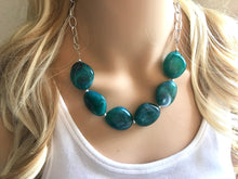 Load image into Gallery viewer, Emerald green Statement Necklace &amp; Earrings, emerald green jewelry, Your Choice GOLD or SILVER, dark deep green bib chunky necklace forest