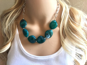 Emerald green Statement Necklace & Earrings, emerald green jewelry, Your Choice GOLD or SILVER, dark deep green bib chunky necklace forest