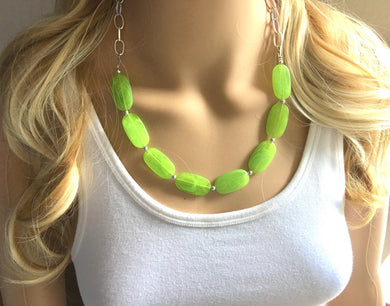 Lime green Statement Necklace & Earrings, lime green jewelry, Your Choice GOLD or SILVER, green bib chunky necklace, green necklace