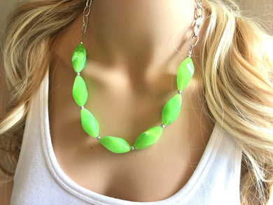Lime green Statement Necklace & Earrings, lime green jewelry, Your Choice GOLD or SILVER, green bib chunky necklace, green necklace