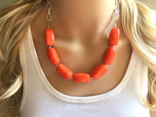 Load image into Gallery viewer, Orange Statement Necklace &amp; earring set, orange jewelry, Your Choice GOLD or SILVER, orange bib chunky necklace, bright orange round necklac