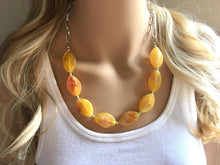 Load image into Gallery viewer, Yellow Statement Necklace &amp; Earrings, yellow jewelry, Your Choice GOLD or SILVER, yellow bib chunky necklace, yellow oval necklace