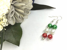 Load image into Gallery viewer, Christmas Drop Earrings, Christmas Tree, Small Holiday Earrings, Holiday Gifts for Her or Christmas Party, red green white earrings