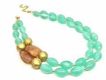 Load image into Gallery viewer, Mint Green &amp; Gold Statement Necklace, Chunky Jewelry Big Beaded Triple Strand Necklace, light green Necklace, mint Jewelry Set, mint Beaded