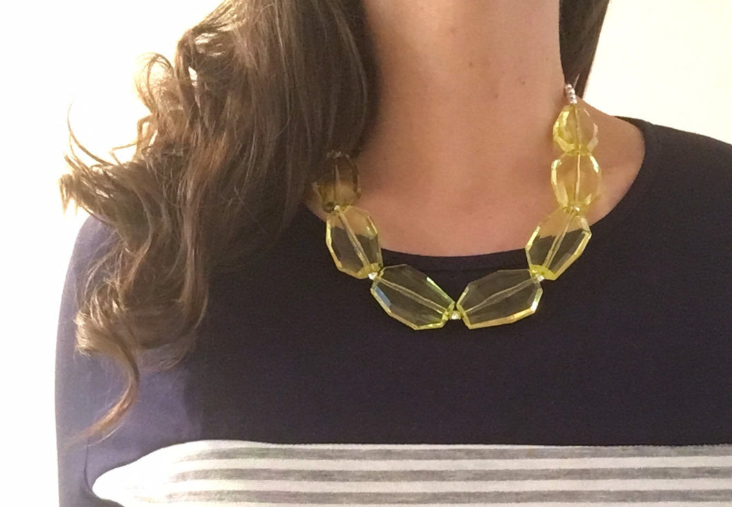 Yellow resin chunky necklace, Single Strand Lemon Yellow Big Beaded Statement Necklace, acrylic big bead acetate jewelry