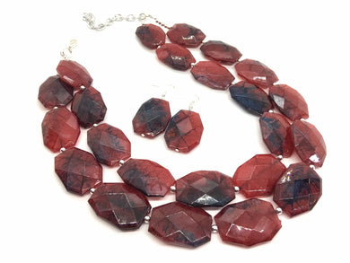 Red & Navy Chunky Statement Necklace - Big beaded jewelry - Double Strand Statement Necklace