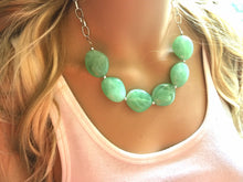 Load image into Gallery viewer, Creamy mint green Statement Necklace &amp; Earrings, mint green jewelry, Your Choice GOLD or SILVER, green bib chunky necklace, green necklace