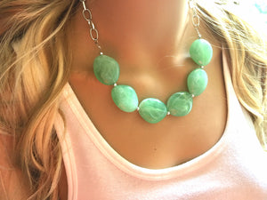 Creamy mint green Statement Necklace & Earrings, mint green jewelry, Your Choice GOLD or SILVER, green bib chunky necklace, green necklace